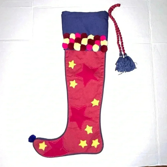 Crate & Barrel Pom Pom Holiday Stocking Christmas Stars Cotton Maroon Blue India - Picture 1 of 10